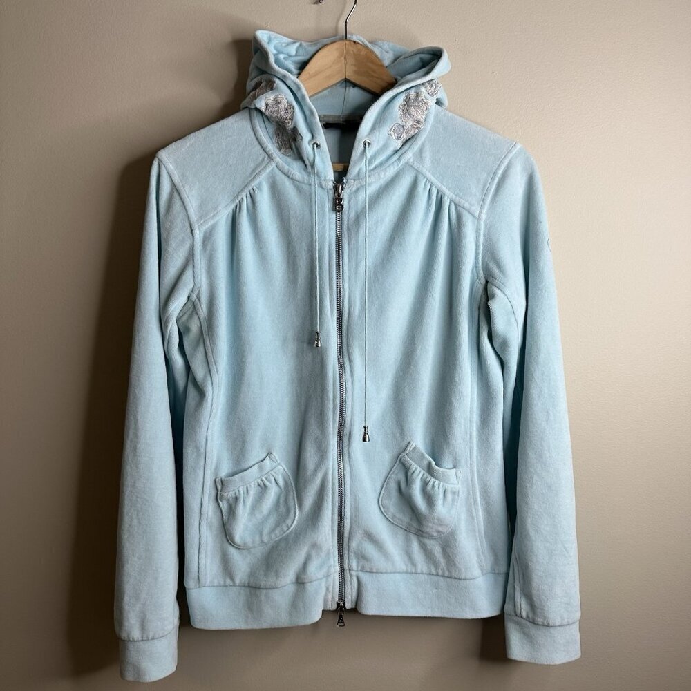Vintage Bogner Full Zip‎ Hoodie Jacket Womens M Blue Floral Embroidered Hood Y2K